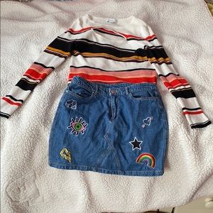 Vintage jean skirt along with a striped shirt.